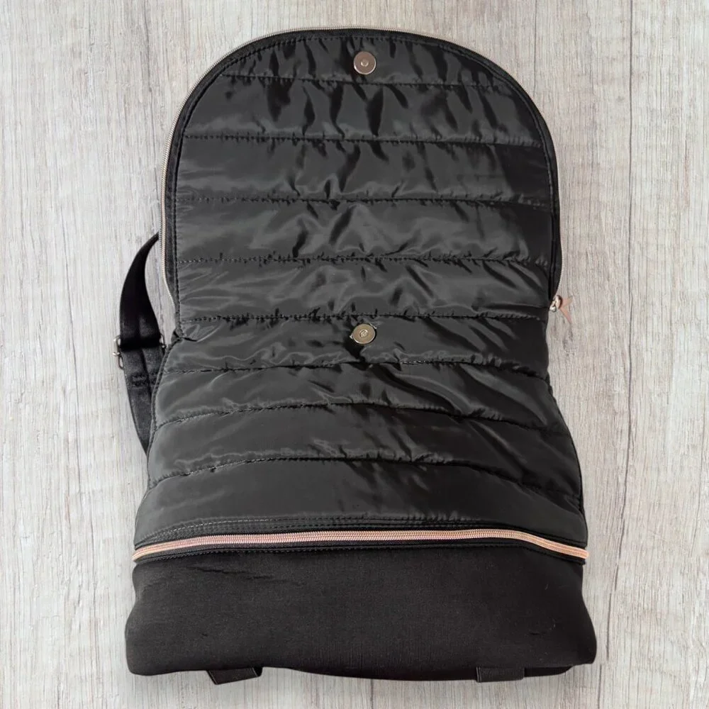 Stella & Dot Black Quilted Backpack Zip Tote Travel Bag Crush It Repeat Lining